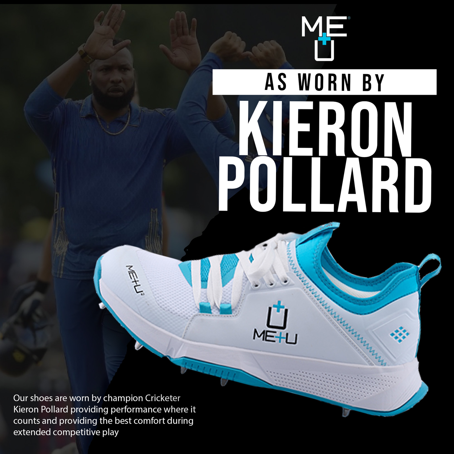 Mens All Rounder Cricket Shoes with blue trim as worn by Kieron Pollard
