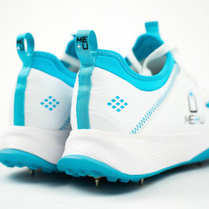 ME+U Mens All Rounder Cricket Shoes heel profile detail with Blue Colours on white background